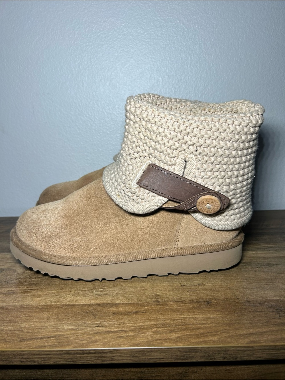 UGG Women's Suede Boot with Cream Knit Cuff - Tan